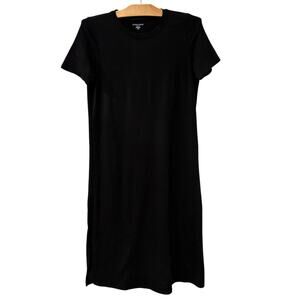 Eileen Fisher | Dress Midi Black Short Sleeve Stretch Classic Minimalist- Petite